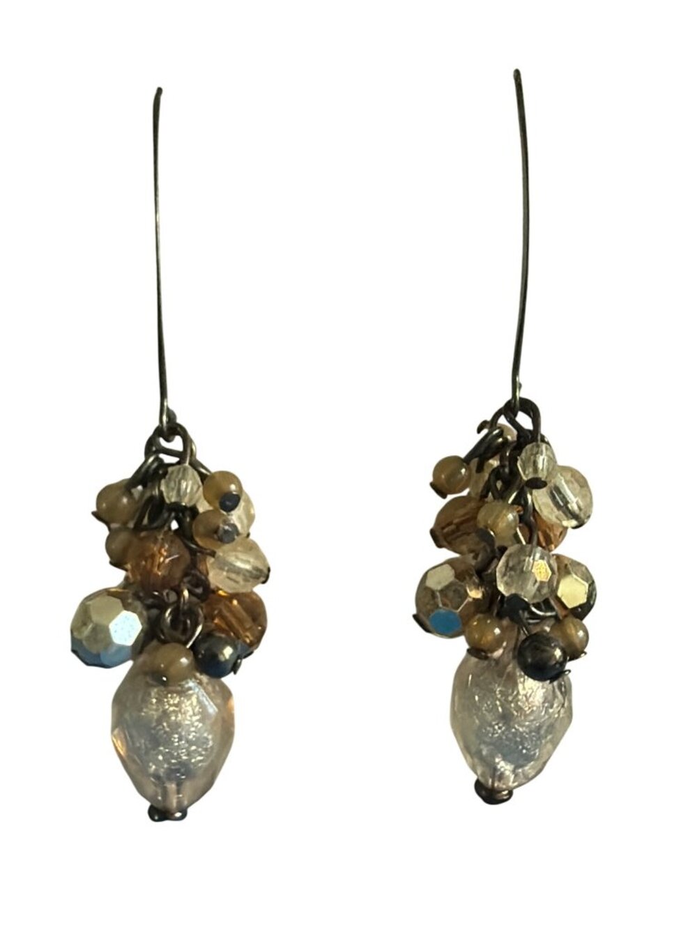 Beaded Dangle Earrings Thread Thru Wire Hook Gunmetal Champagne Amber 3"